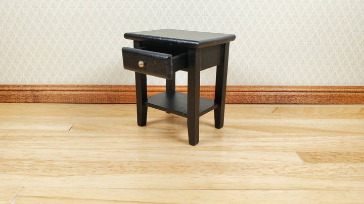 Dollhouse Side Table Night Stand with Drawer Wood 1:12 Scale Furniture Black - MiniatureCrush