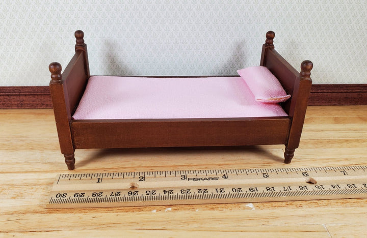 Dollhouse Single Bed Wood with a Walnut Finish Pink Sheets 1:12 Scale Miniature - MiniatureCrush