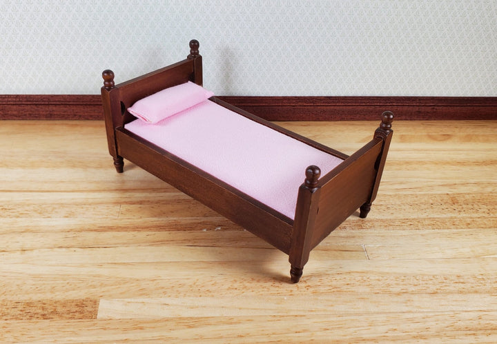 Dollhouse Single Bed Wood with a Walnut Finish Pink Sheets 1:12 Scale Miniature - MiniatureCrush