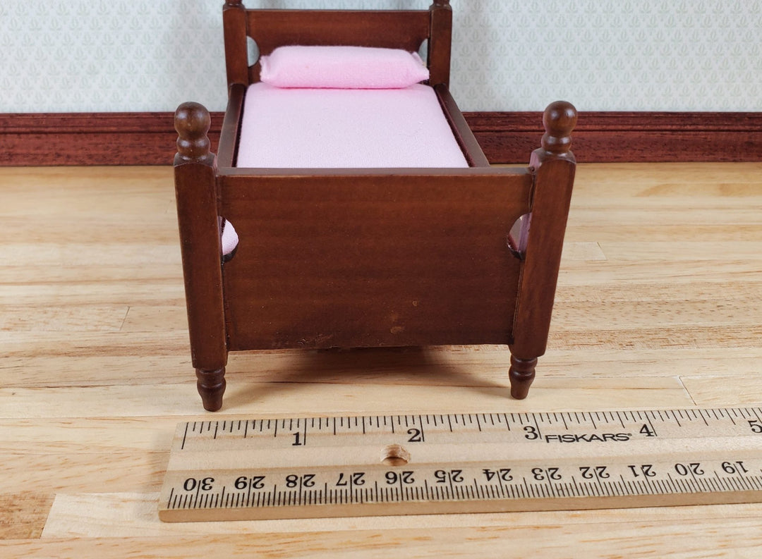 Dollhouse Single Bed Wood with a Walnut Finish Pink Sheets 1:12 Scale Miniature - MiniatureCrush
