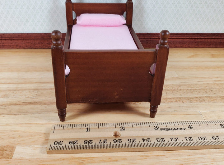 Dollhouse Single Bed Wood with a Walnut Finish Pink Sheets 1:12 Scale Miniature - MiniatureCrush