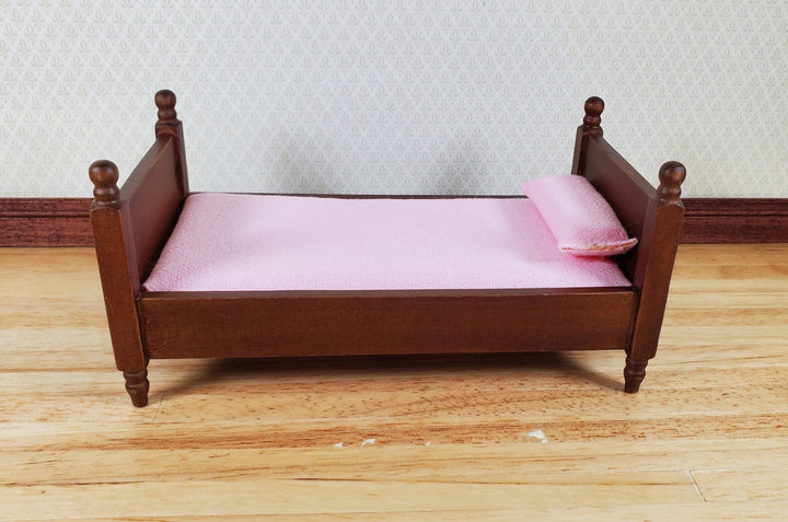 Dollhouse Single Bed Wood with a Walnut Finish Pink Sheets 1:12 Scale Miniature - MiniatureCrush