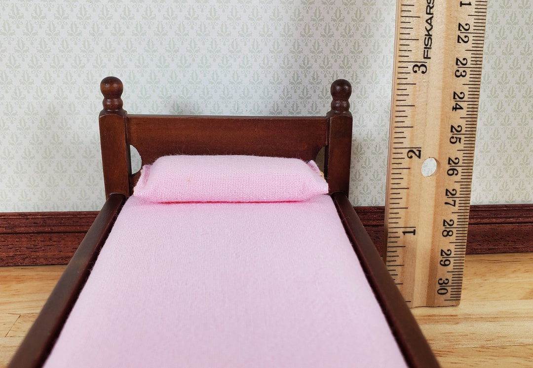 Dollhouse Single Bed Wood with a Walnut Finish Pink Sheets 1:12 Scale Miniature - MiniatureCrush