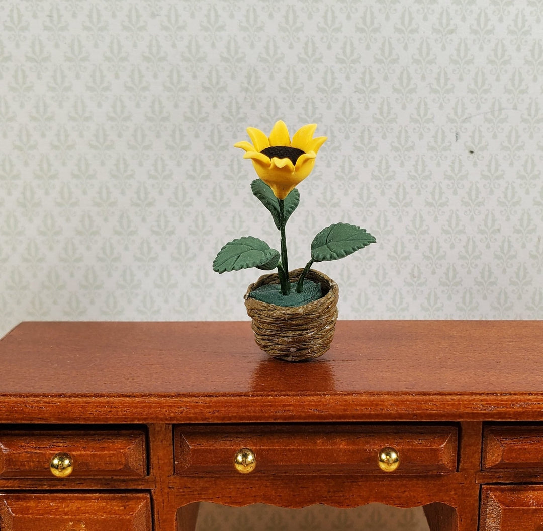 Dollhouse Single Sunflower Plant in a Natural Woven Planter 1:12 Scale Miniature - MiniatureCrush