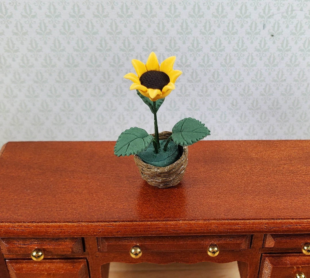 Dollhouse Single Sunflower Plant in a Natural Woven Planter 1:12 Scale Miniature - MiniatureCrush