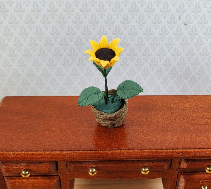 Dollhouse Single Sunflower Plant in a Natural Woven Planter 1:12 Scale Miniature - MiniatureCrush