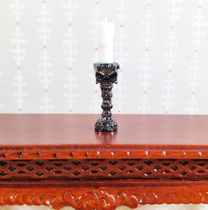 Dollhouse Skull Candlestick Silver Chrome Finish Metal 1:12 Scale 3/4" Tall - MiniatureCrush