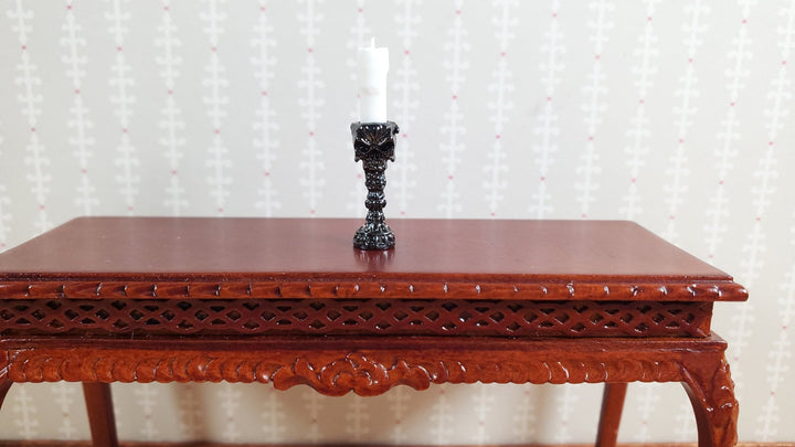 Dollhouse Skull Candlestick Silver Chrome Finish Metal 1:12 Scale 3/4" Tall - MiniatureCrush