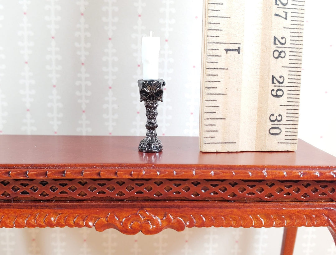 Dollhouse Skull Candlestick Silver Chrome Finish Metal 1:12 Scale 3/4" Tall - MiniatureCrush