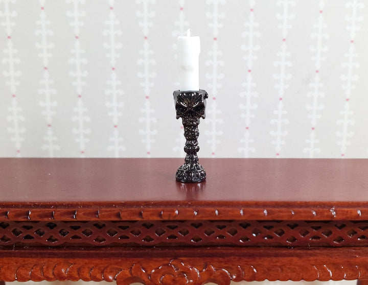 Dollhouse Skull Candlestick Silver Chrome Finish Metal 1:12 Scale 3/4" Tall - MiniatureCrush
