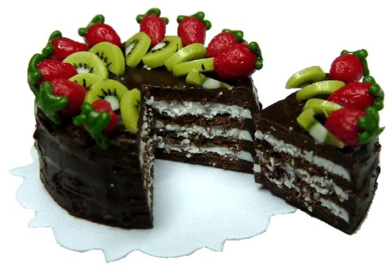 Dollhouse Sliced Chocolate Cake with Strawberry & Kiwi 1:12 Scale Miniature Food - MiniatureCrush
