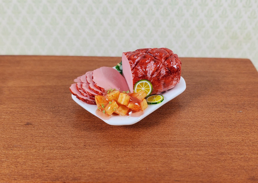 Dollhouse Sliced Ham with Sweet Potatoes on Ceramic Platter 1:12 Scale Miniature - MiniatureCrush