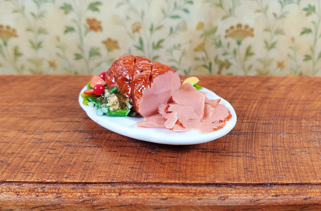 Dollhouse Sliced Ham with Vegetables on Ceramic Platter 1:12 Scale Miniature - MiniatureCrush