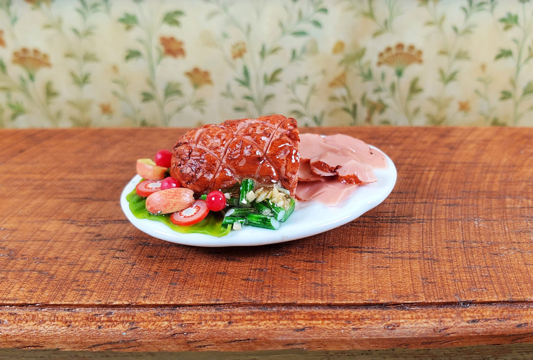 Dollhouse Sliced Ham with Vegetables on Ceramic Platter 1:12 Scale Miniature - MiniatureCrush