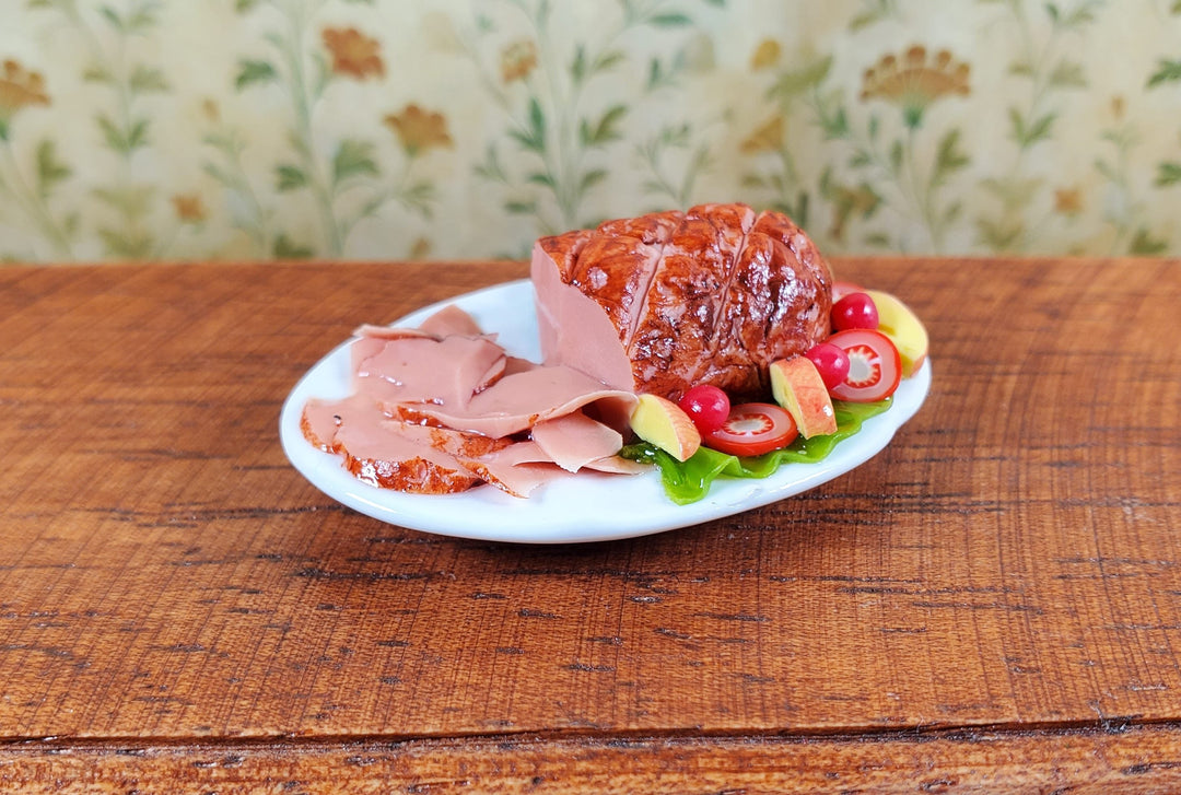 Dollhouse Sliced Ham with Vegetables on Ceramic Platter 1:12 Scale Miniature - MiniatureCrush