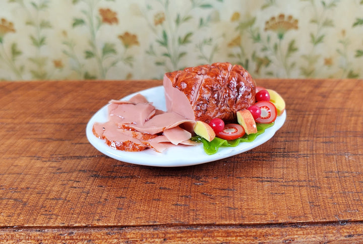 Dollhouse Sliced Ham with Vegetables on Ceramic Platter 1:12 Scale Miniature - MiniatureCrush