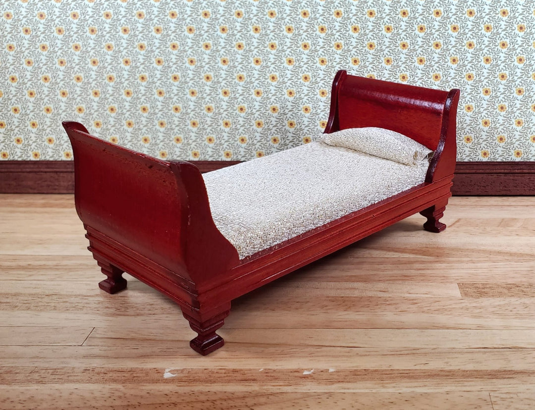 Dollhouse Small Bed Single Sleigh Mahogany Finish 1:12 Scale Bedroom Furniture - Miniature Crush