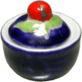 Dollhouse Small Ceramic Bowl with Lid Blue with Red Handle 1:12 Scale Miniature - MiniatureCrush