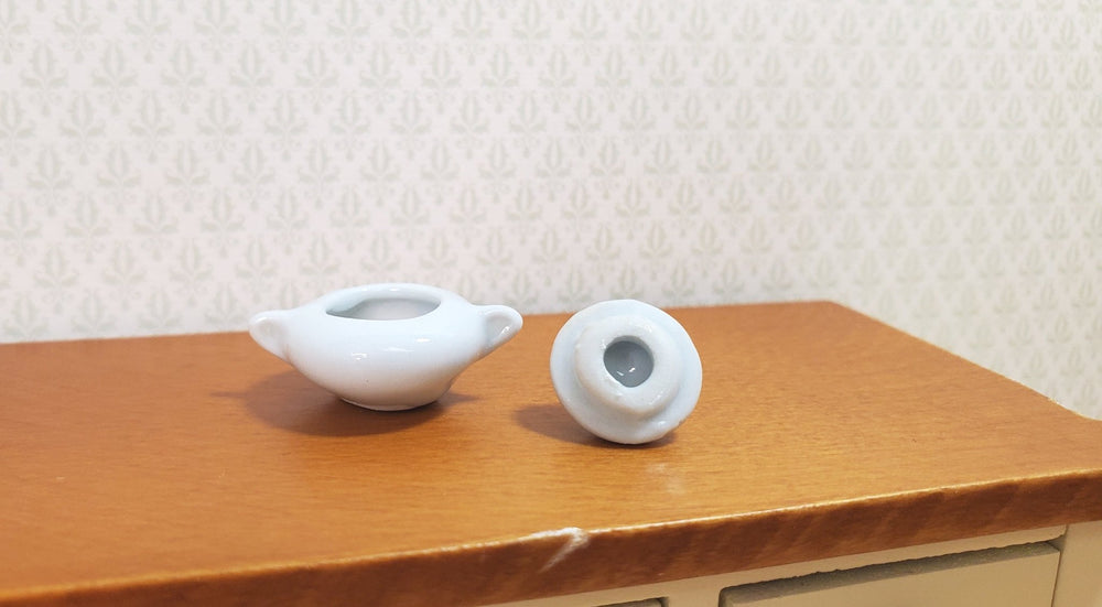 Dollhouse Small Ceramic Pot White with Handles and Lid 1:12 Scale Miniature Dish - MiniatureCrush