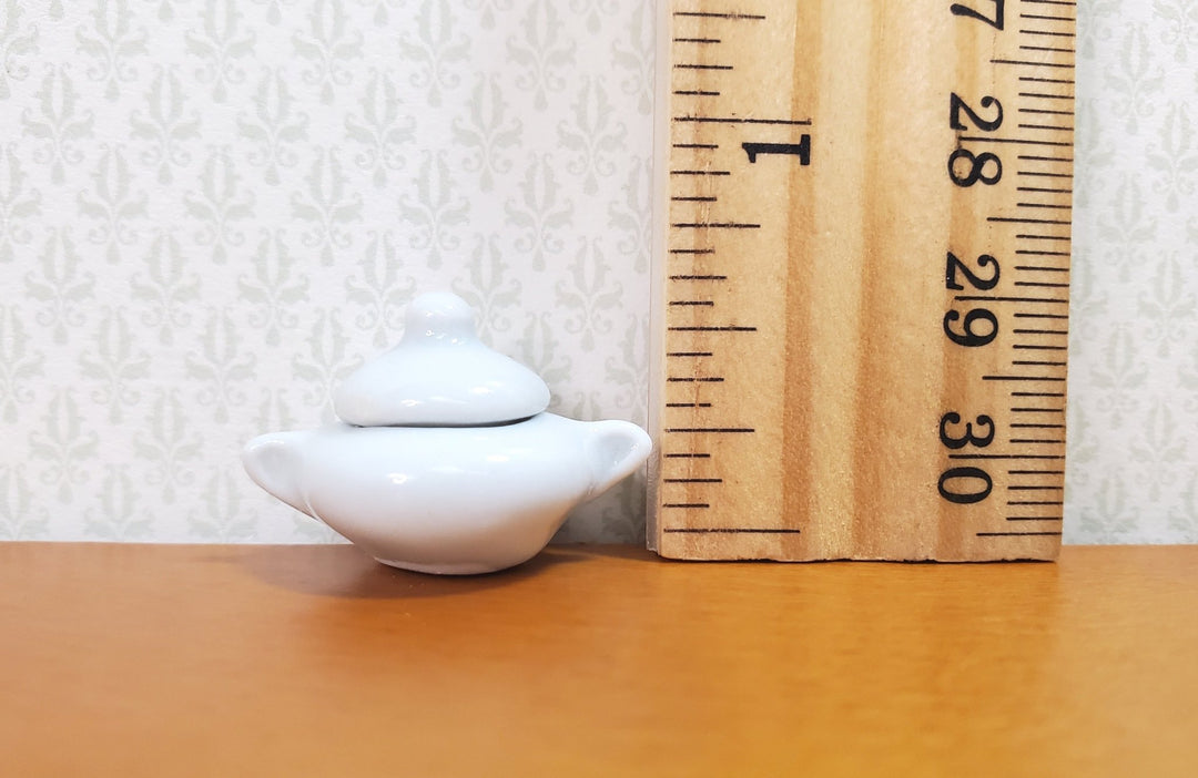 Dollhouse Small Ceramic Pot White with Handles and Lid 1:12 Scale Miniature Dish - MiniatureCrush