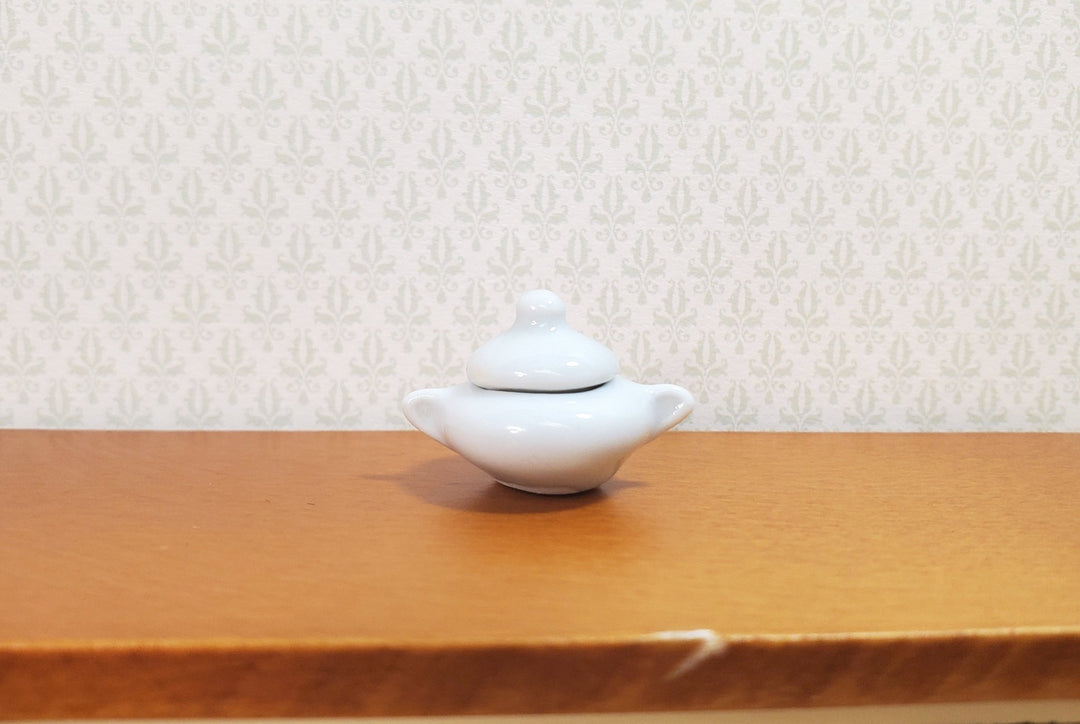 Dollhouse Small Ceramic Pot White with Handles and Lid 1:12 Scale Miniature Dish - MiniatureCrush
