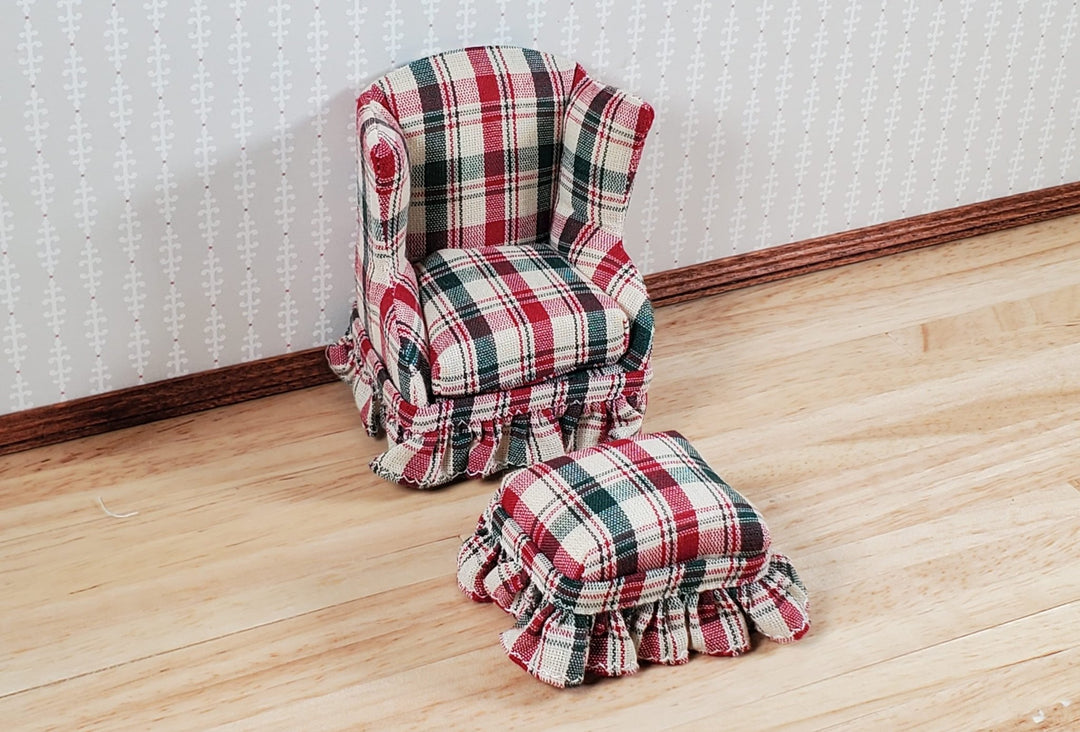 Dollhouse Small Chair with Ottoman Red Green Plaid 1:12 Scale Miniature Furniture - MiniatureCrush