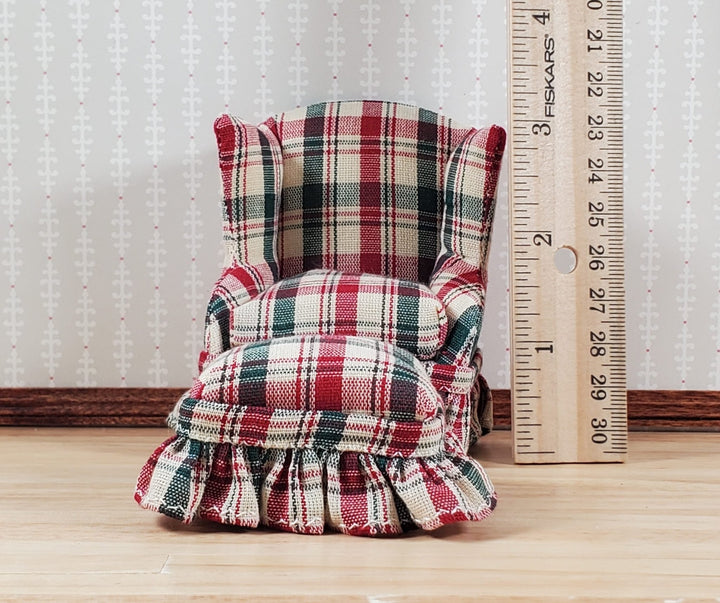 Dollhouse Small Chair with Ottoman Red Green Plaid 1:12 Scale Miniature Furniture - MiniatureCrush