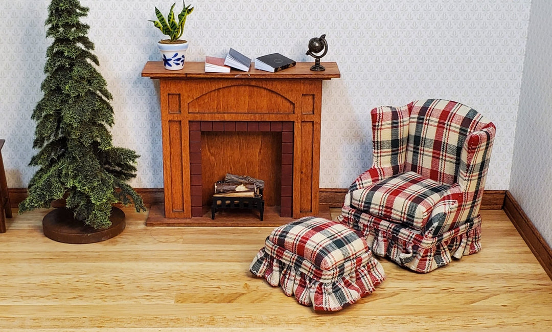 Dollhouse Small Chair with Ottoman Red Green Plaid 1:12 Scale Miniature Furniture - MiniatureCrush