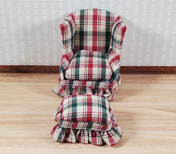 Dollhouse Small Chair with Ottoman Red Green Plaid 1:12 Scale Miniature Furniture - MiniatureCrush