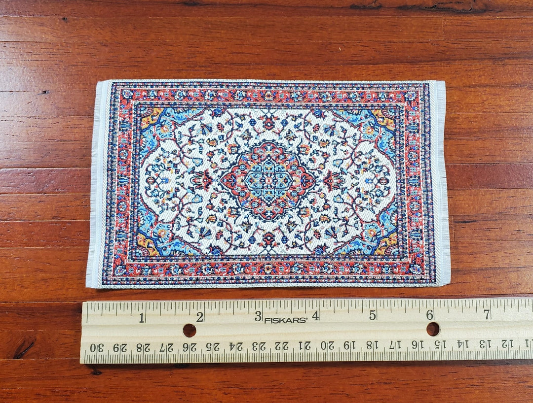 Dollhouse Small Rug Woven Fabric Red Cream Blue 1:12 Scale Victorian Style - MiniatureCrush