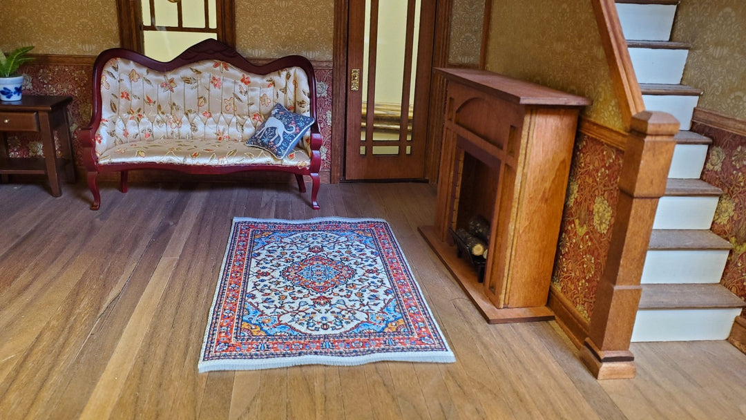 Dollhouse Small Rug Woven Fabric Red Cream Blue 1:12 Scale Victorian Style - MiniatureCrush