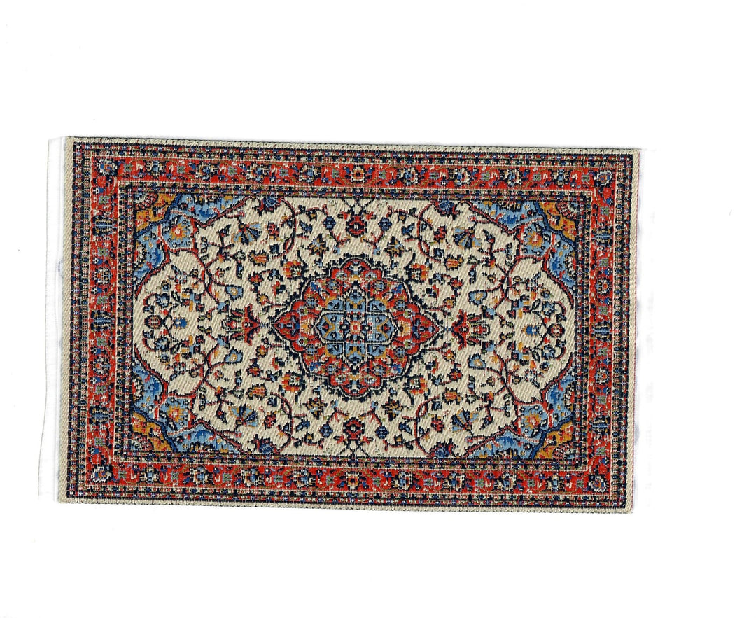 Dollhouse Small Rug Woven Fabric Red Cream Blue 1:12 Scale Victorian Style - MiniatureCrush