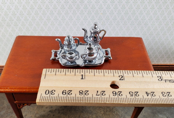 Dollhouse Small Silver Metal Tea Coffee Set with Tray Creamer Sugar Dish - Miniature Crush