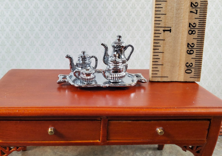 Dollhouse Small Silver Metal Tea Coffee Set with Tray Creamer Sugar Dish - Miniature Crush