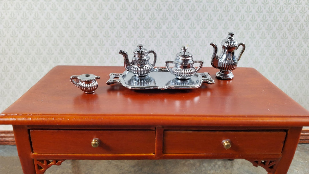 Dollhouse Small Silver Metal Tea Coffee Set with Tray Creamer Sugar Dish - Miniature Crush