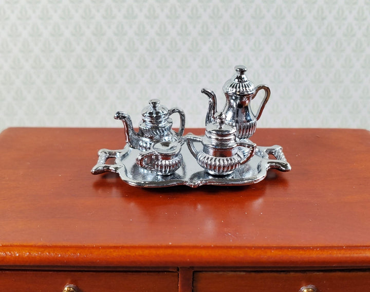 Dollhouse Small Silver Metal Tea Coffee Set with Tray Creamer Sugar Dish - Miniature Crush