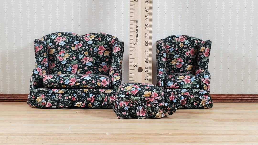 Dollhouse Small Sofa Chair Ottoman Black Floral 1:12 Scale Miniature Furniture - MiniatureCrush