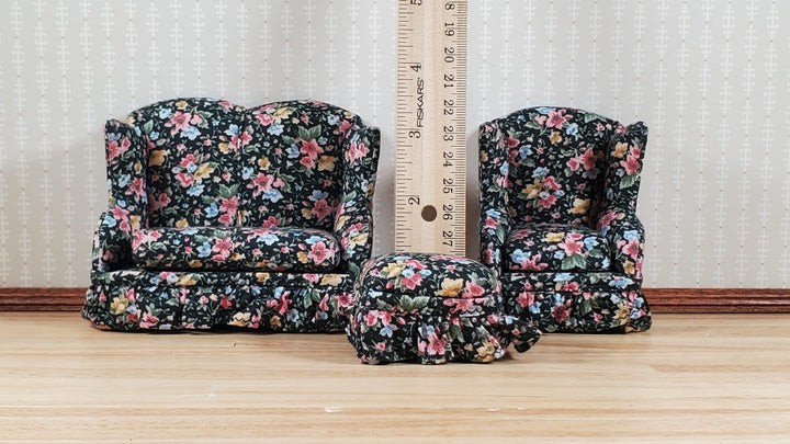 Dollhouse Small Sofa Chair Ottoman Black Floral 1:12 Scale Miniature Furniture - MiniatureCrush