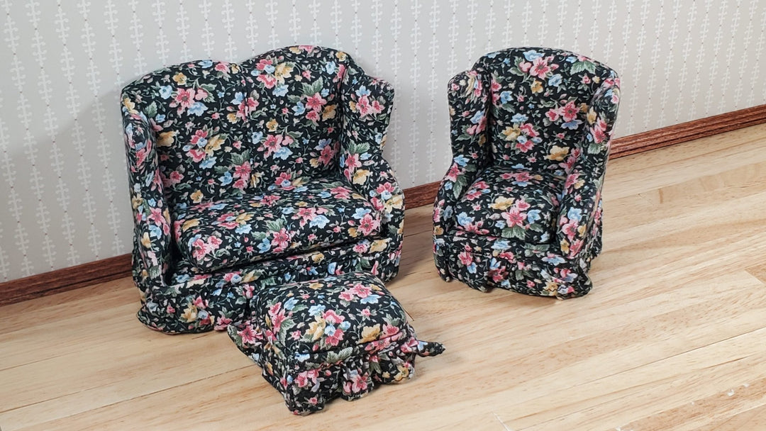 Dollhouse Small Sofa Chair Ottoman Black Floral 1:12 Scale Miniature Furniture - MiniatureCrush