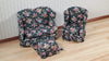 Dollhouse Small Sofa Chair Ottoman Black Floral 1:12 Scale Miniature Furniture