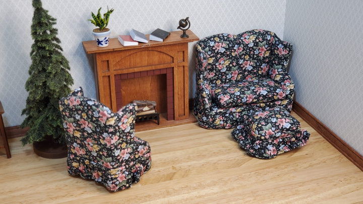 Dollhouse Small Sofa Chair Ottoman Black Floral 1:12 Scale Miniature Furniture - MiniatureCrush