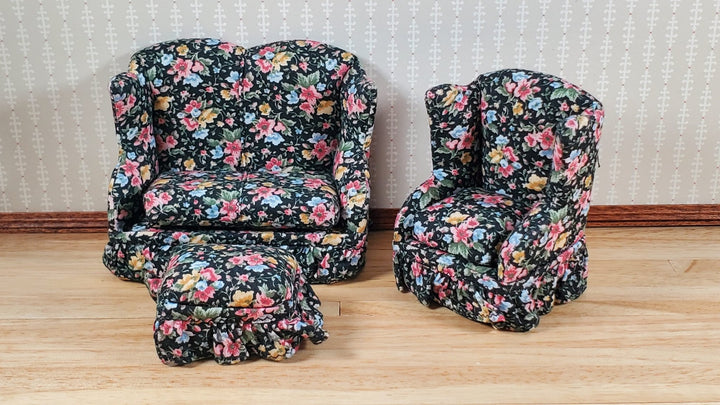 Dollhouse Small Sofa Chair Ottoman Black Floral 1:12 Scale Miniature Furniture - MiniatureCrush