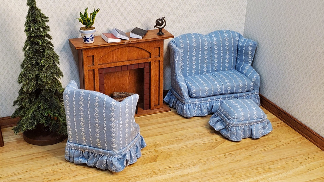 Dollhouse Small Sofa Chair Ottoman Blue Hearts 1:12 Scale Miniature Furniture - MiniatureCrush