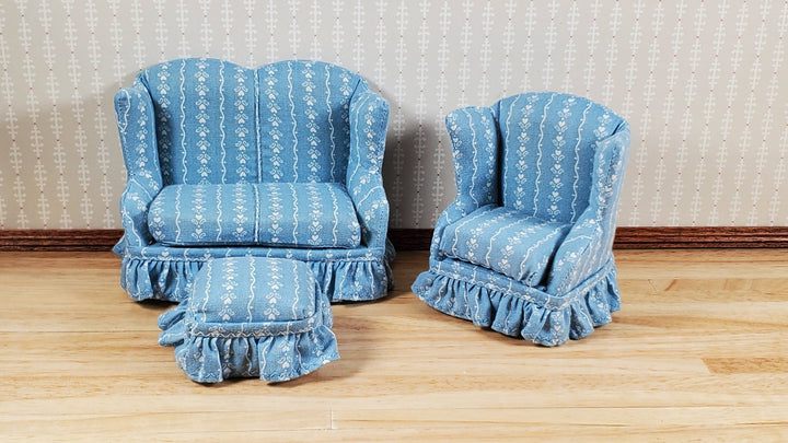 Dollhouse Small Sofa Chair Ottoman Blue Hearts 1:12 Scale Miniature Furniture - MiniatureCrush
