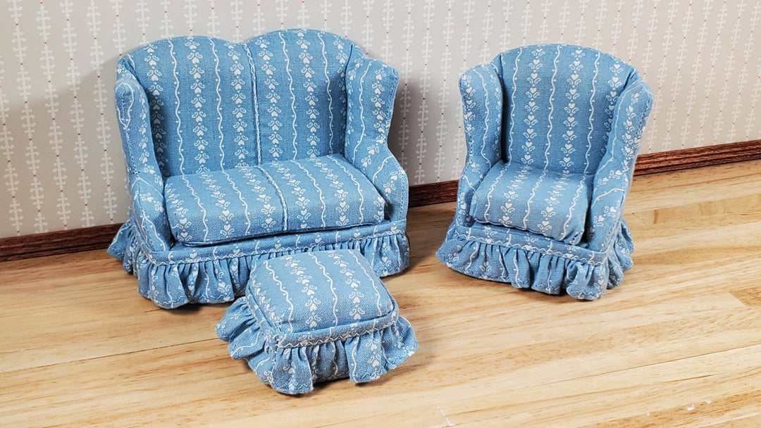 Dollhouse Small Sofa Chair Ottoman Blue Hearts 1:12 Scale Miniature Furniture - MiniatureCrush