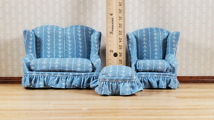 Dollhouse Small Sofa Chair Ottoman Blue Hearts 1:12 Scale Miniature Furniture - MiniatureCrush
