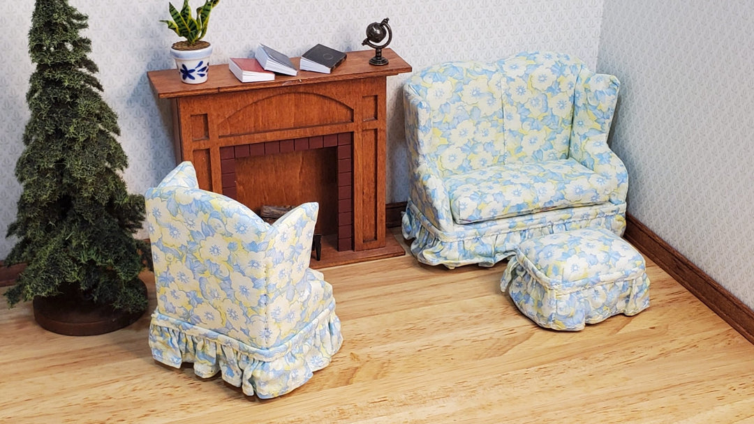 Dollhouse Small Sofa Chair Ottoman Blue White Yellow 1:12 Scale Miniature Furniture - MiniatureCrush