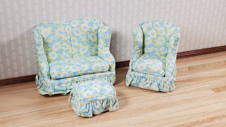 Dollhouse Small Sofa Chair Ottoman Blue White Yellow 1:12 Scale Miniature Furniture - MiniatureCrush