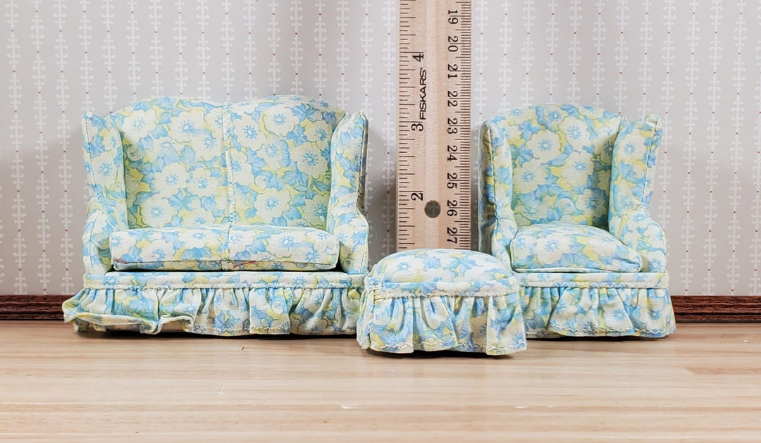 Dollhouse Small Sofa Chair Ottoman Blue White Yellow 1:12 Scale Miniature Furniture - MiniatureCrush