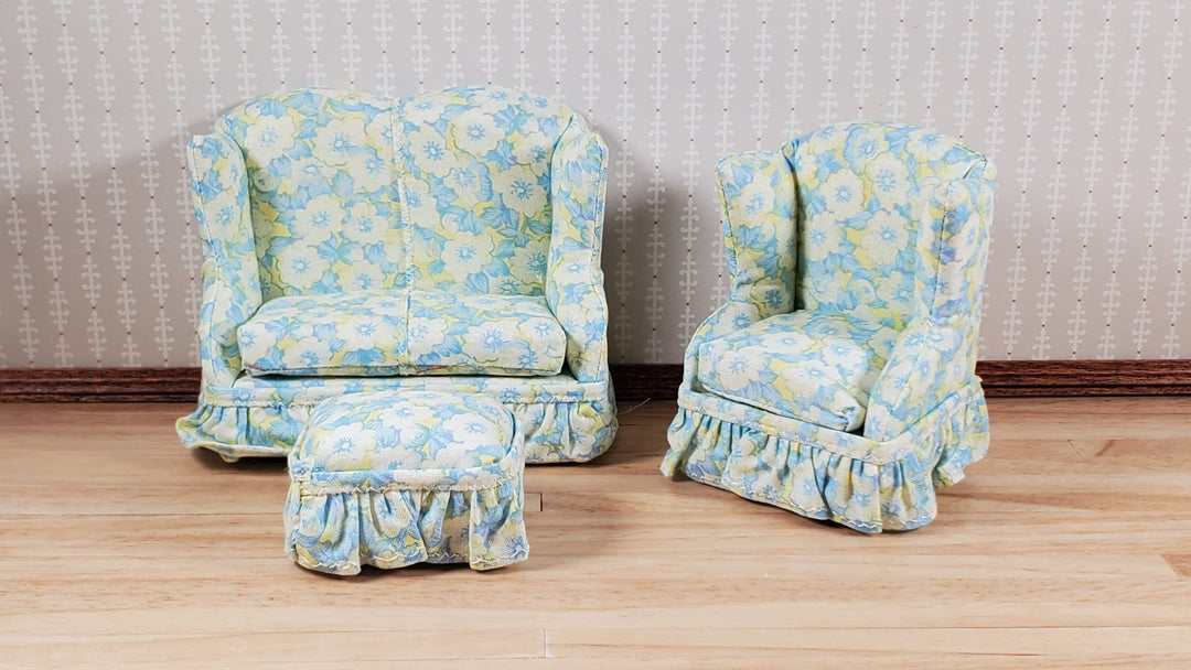 Dollhouse Small Sofa Chair Ottoman Blue White Yellow 1:12 Scale Miniature Furniture - MiniatureCrush